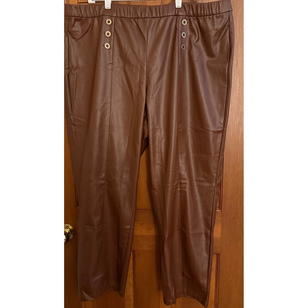 Susan Graver Faux Leather Ankle Pants Womens 2X Cognac Pull-On Stretch‎ Waist